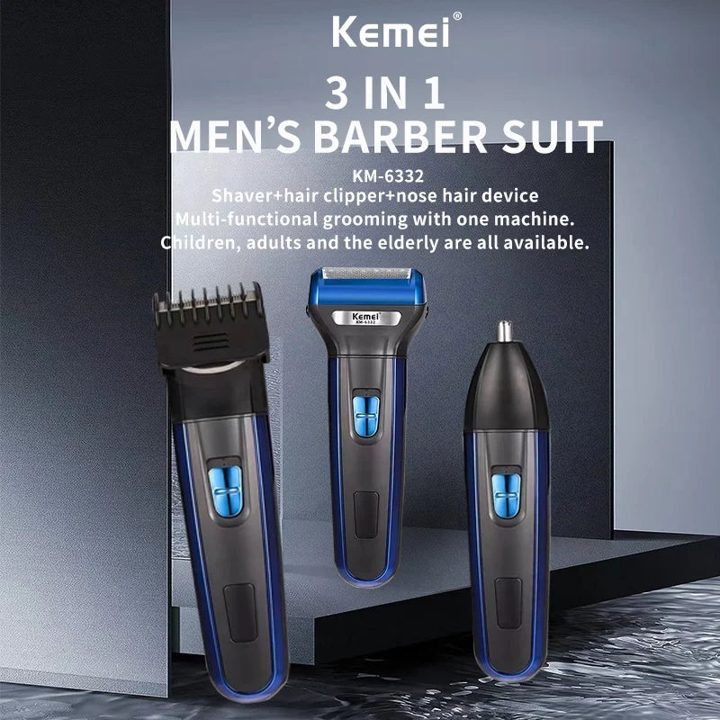 3-in-1 Rechargeable Men's Grooming Kit – Hair Clipper, Nose Trimmer & Shaver