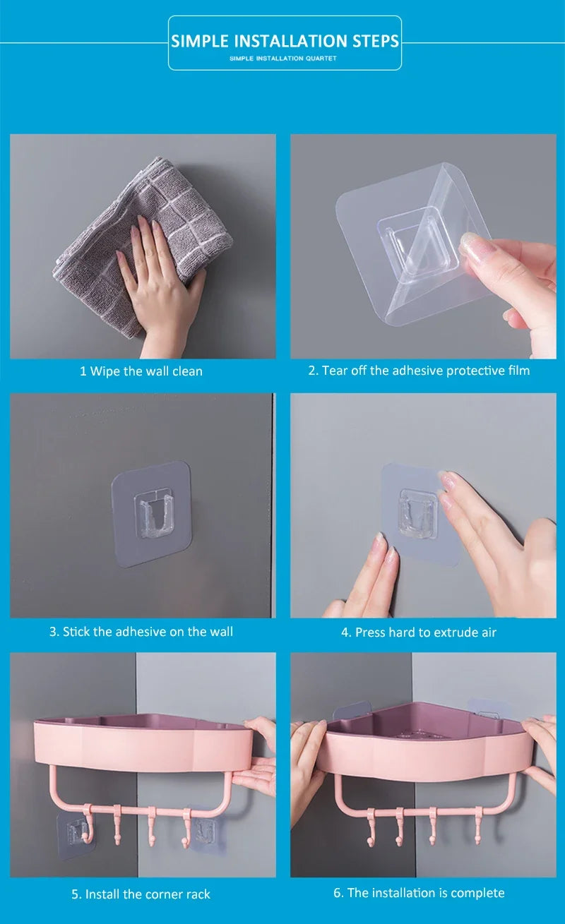 Self-Adhesive Bathroom Corner Shelf With Hooks