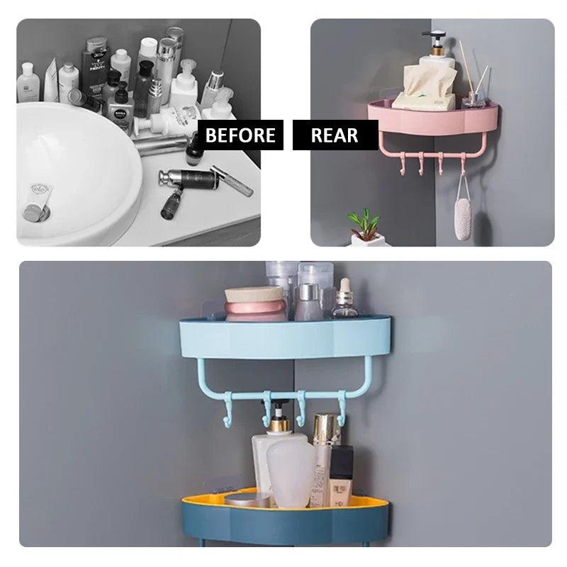 Self-Adhesive Bathroom Corner Shelf With Hooks