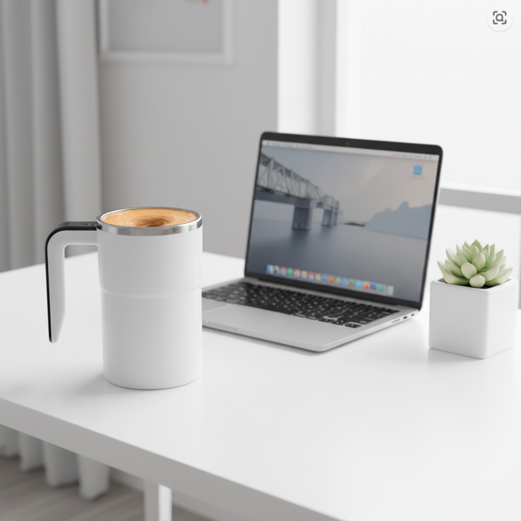 Magnetic stirring mug on office desk