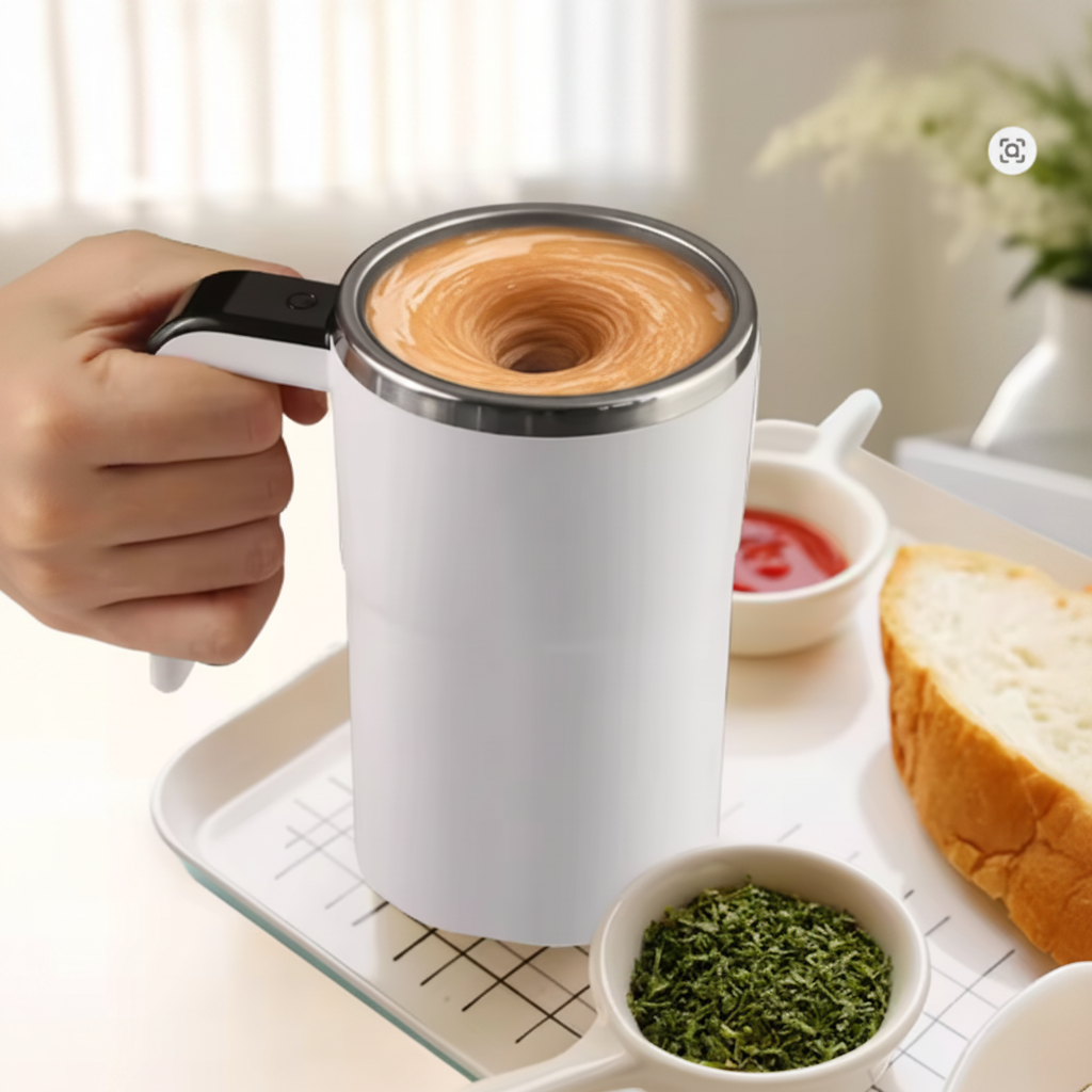 Magnetic stirring mug in kitchen morning setting