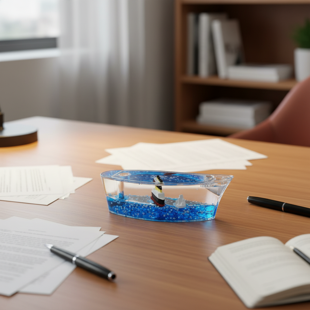 Liquid wave cruise ship ornament as paperweight on office desk